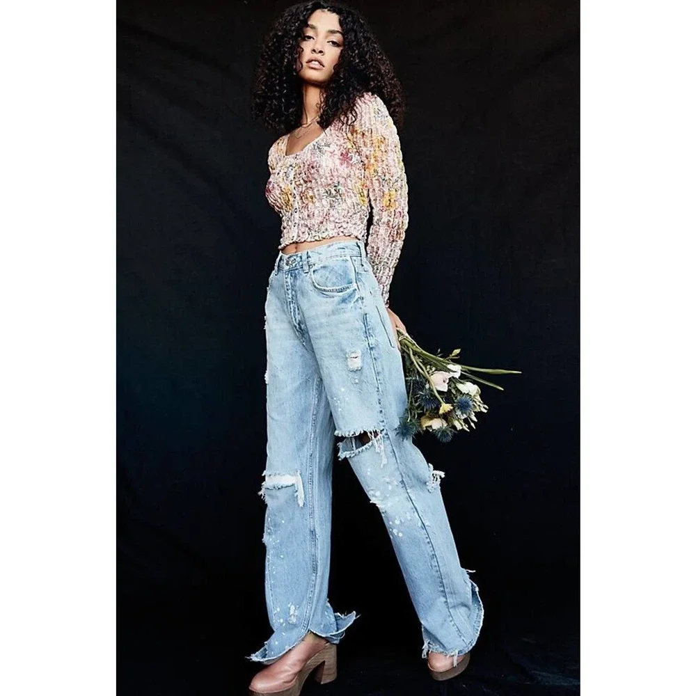 New Free People With The Band Relaxed Jeans LA Blue - Picture 1 of 12